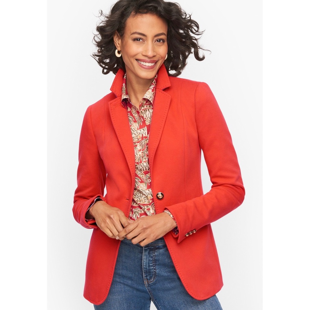 Talbots Red Orange Textured knit Blazer Gold Black Crest Buttons Size 14 Preppy